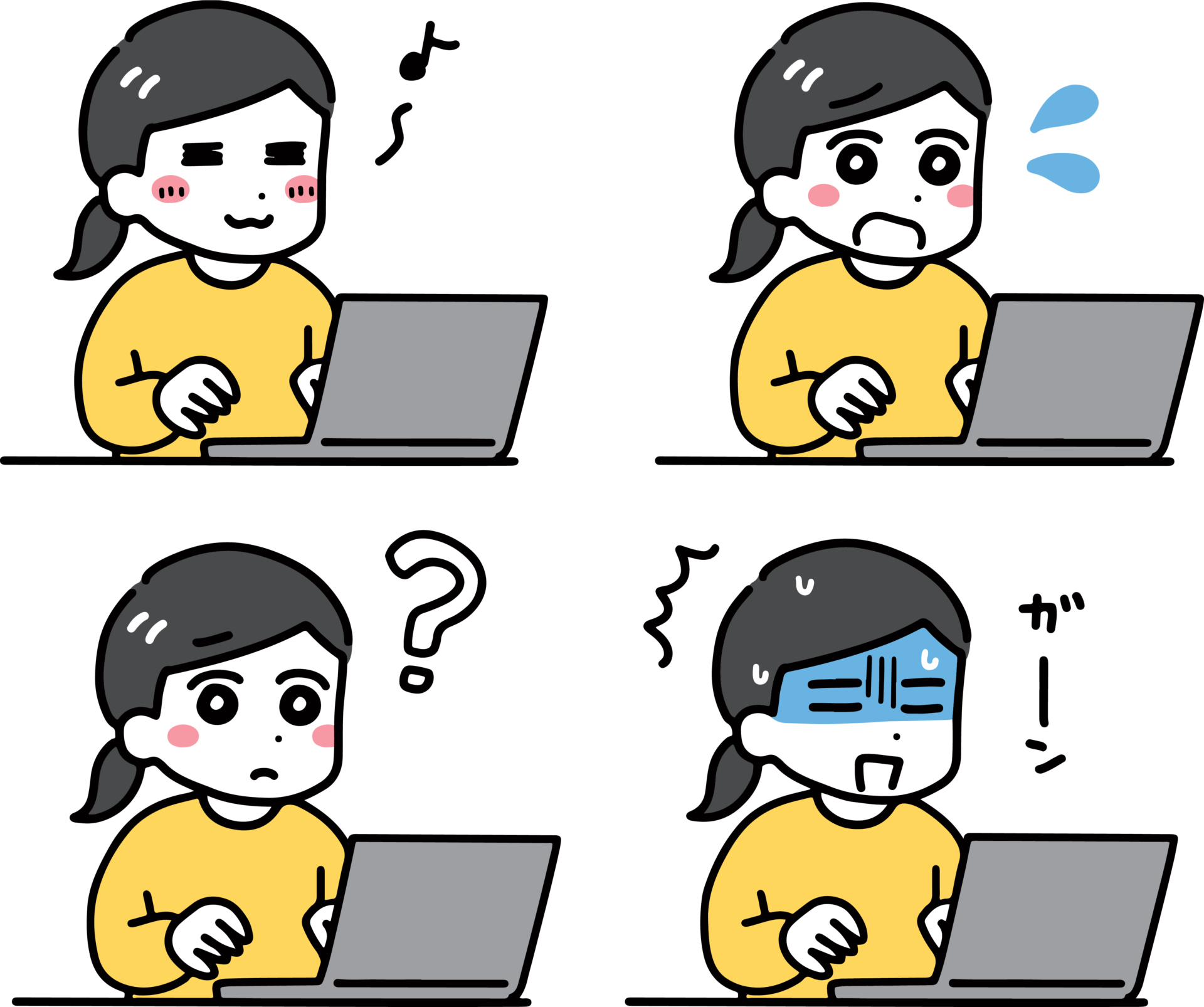 Une femme en vêtements décontractés faisant différentes expressions devant un ordinateur